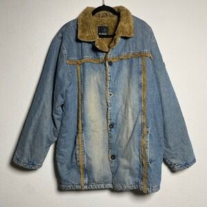 VTG BLEND of America Denim Jacket Mens L Sherpa‎ Collar Trim Lining Button Front